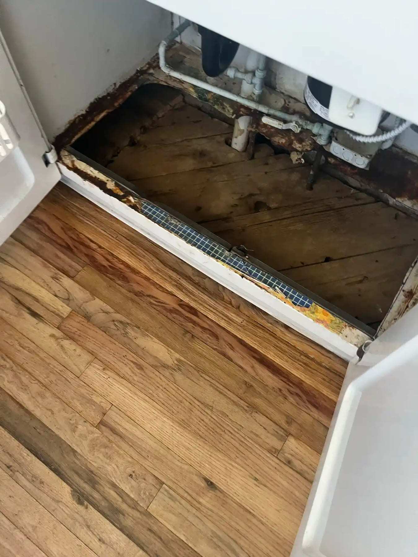 Subfloor opened below a washer connection box with the supply lines exposed